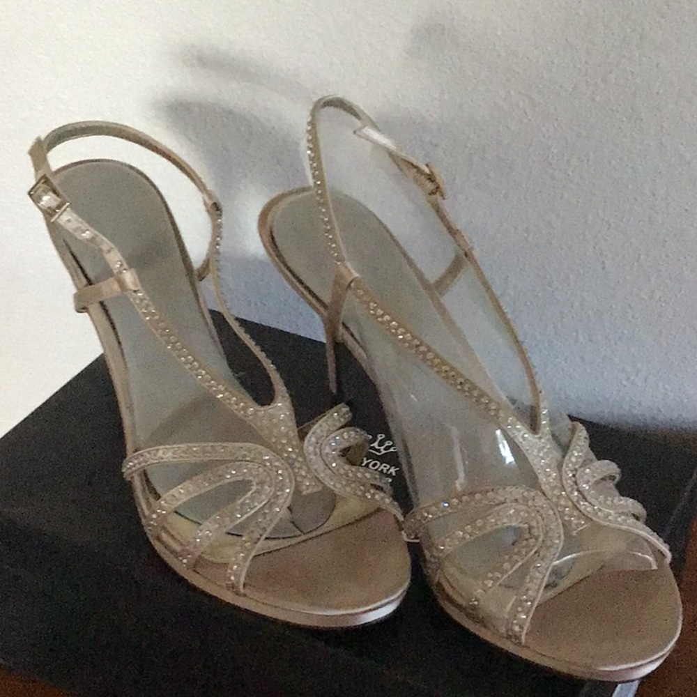 Champagne heels with gems along straps